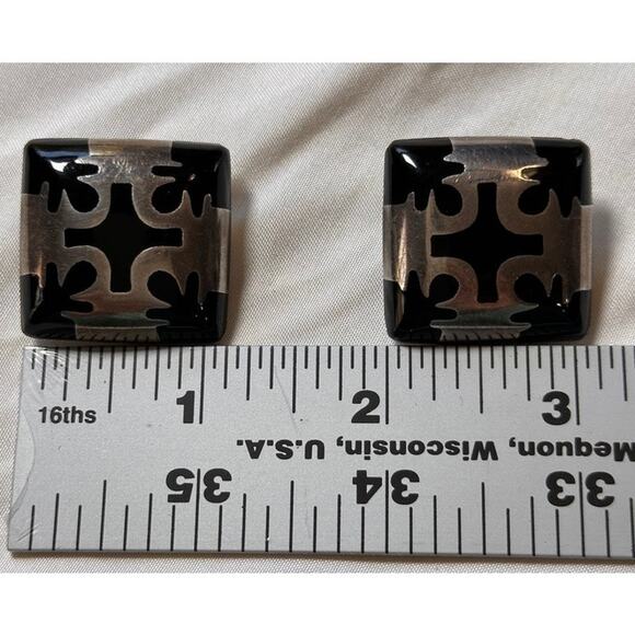 Vintage Cut-Out Sterling Overlay Onyx Square Clip Earrings Mexico - Picture 2 of 6